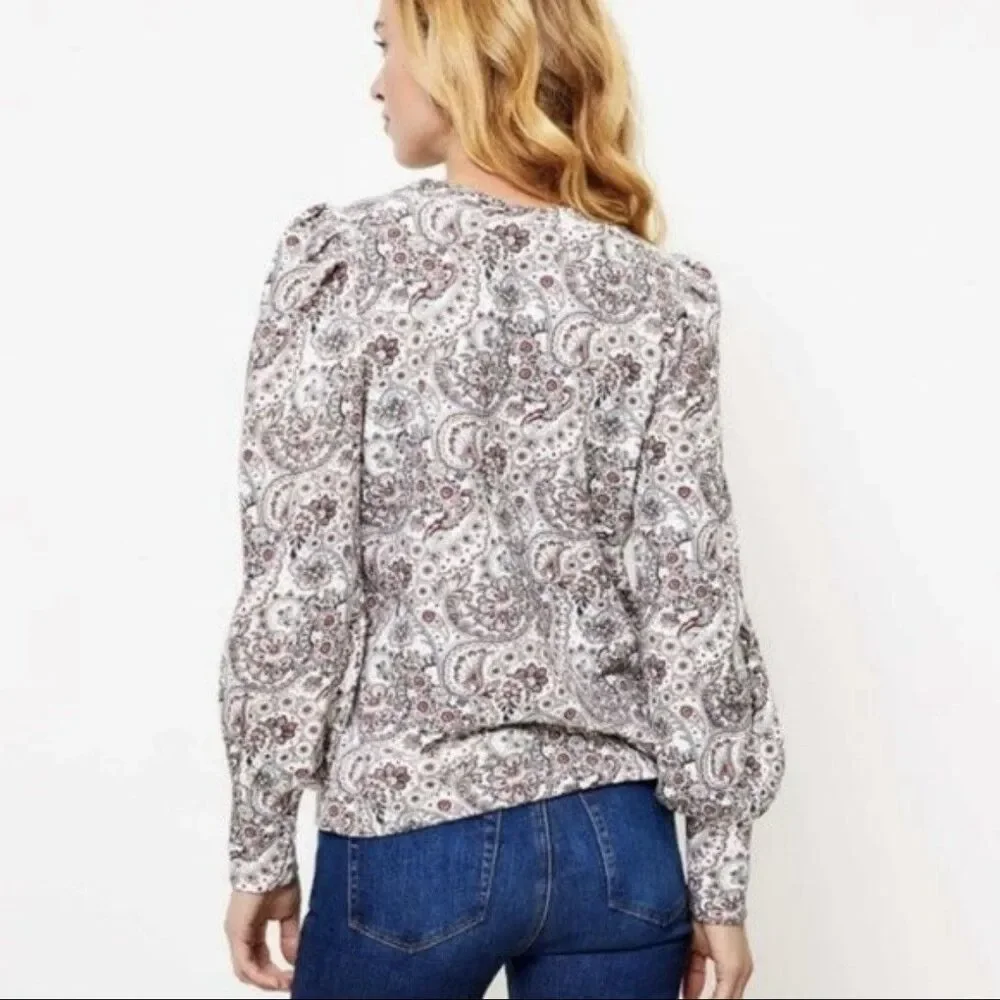 AnnTaylor Loft Sz XXS Petite Red White Paisley Floral Puff Sleeve Top Sweatshirt